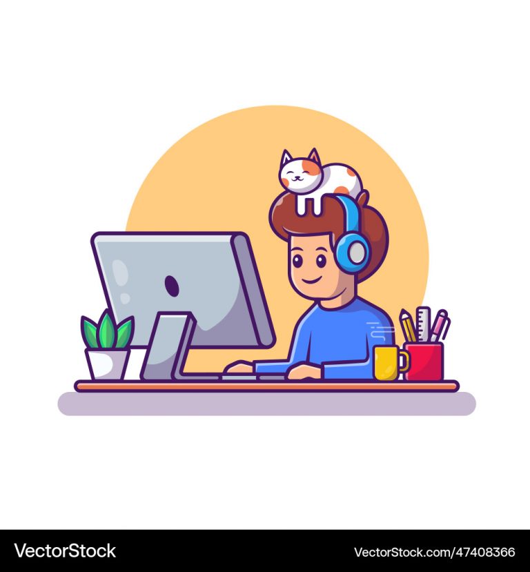 Male working on computer with cat cartoon vector image