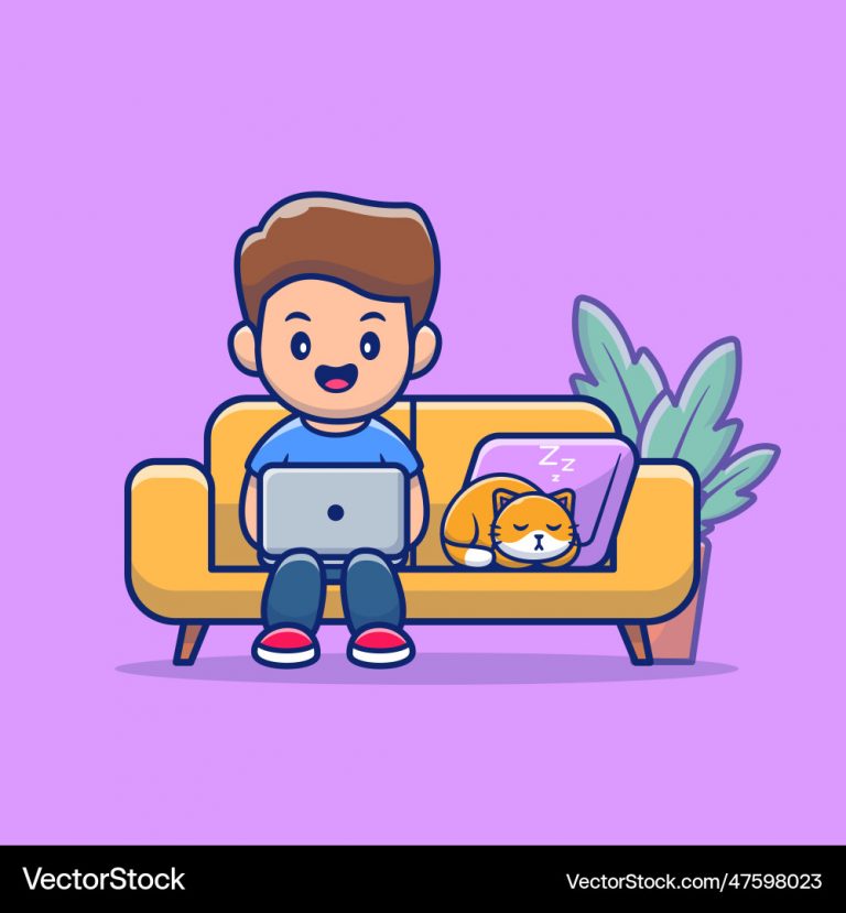 Male working on laptop with cat cartoon vector image